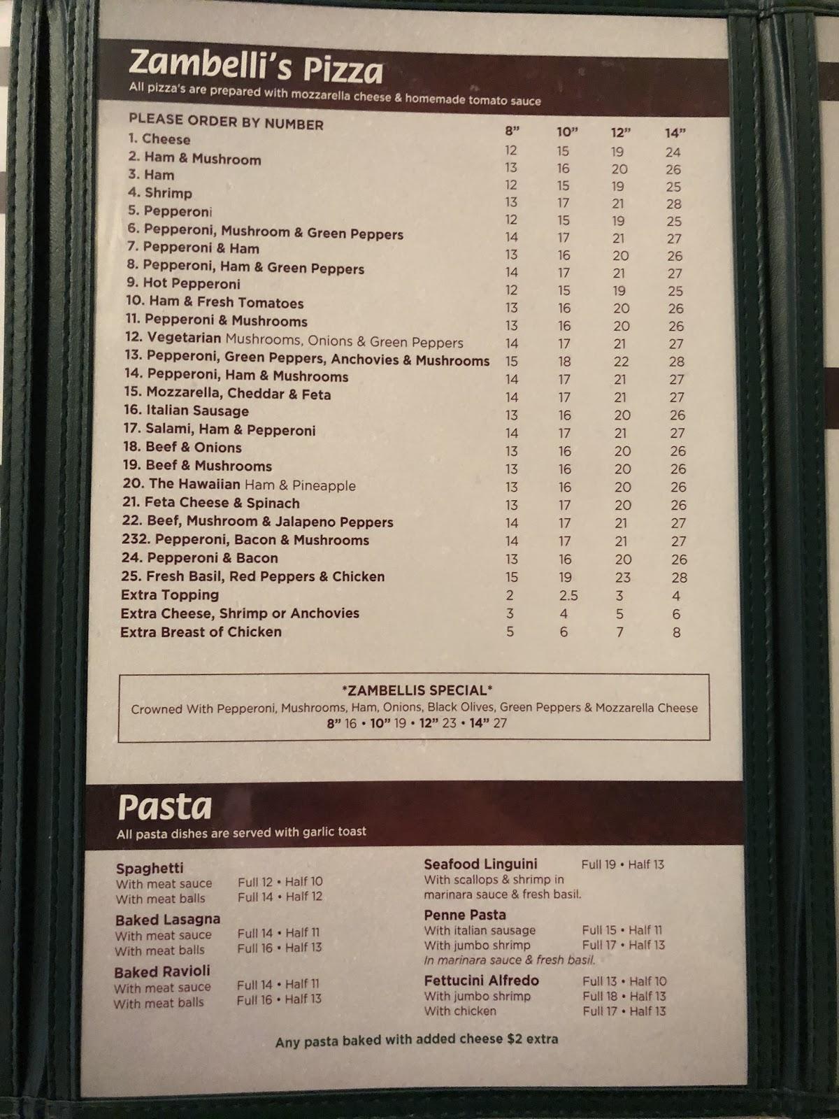 Menu at Zambelli's Edmonton steakhouse, Edmonton