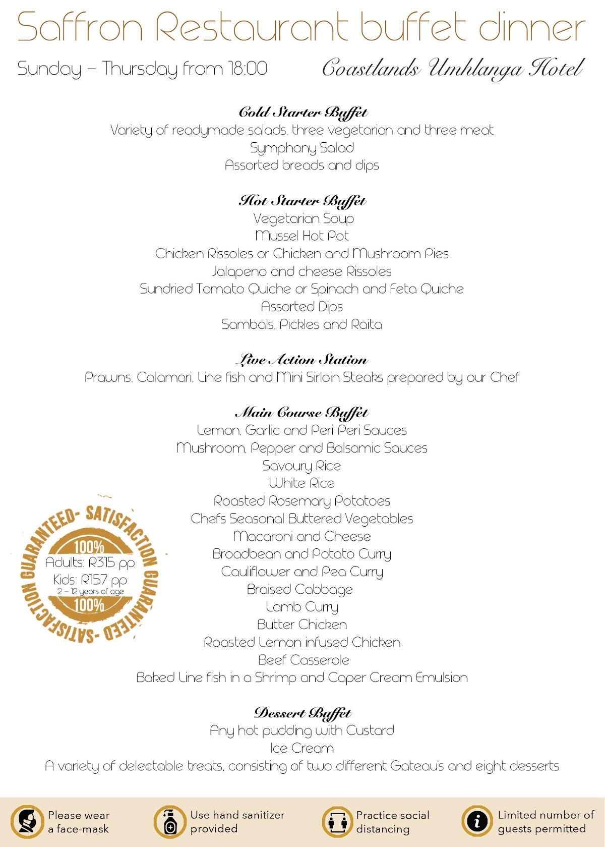 Menu at Coastlands Umhlanga Hotel & Convention Centre restaurant, Durban