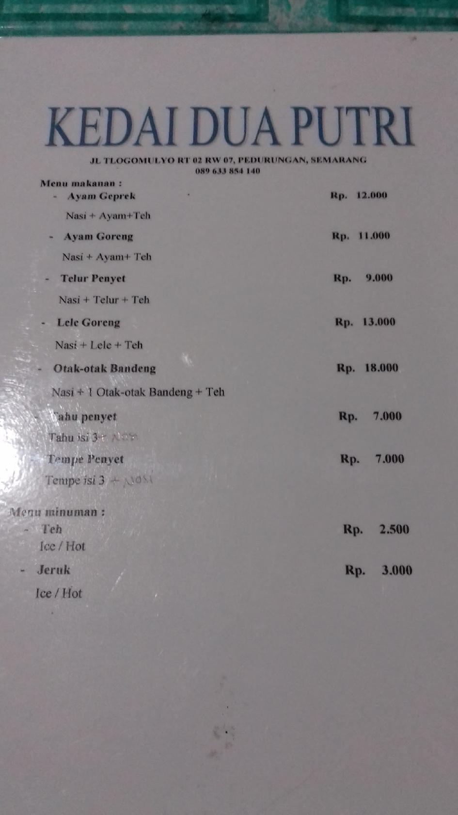 Menu At Kedai Dua Putri Restaurant Semarang 7186