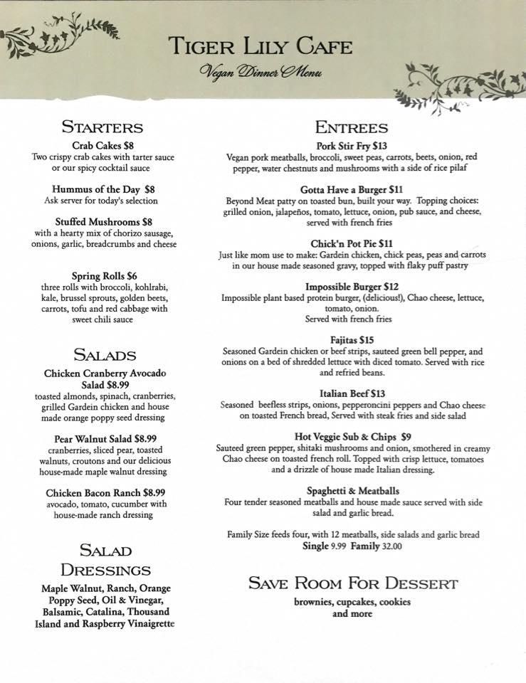 Menu at Tiger Lily Café cafe, Chesterton