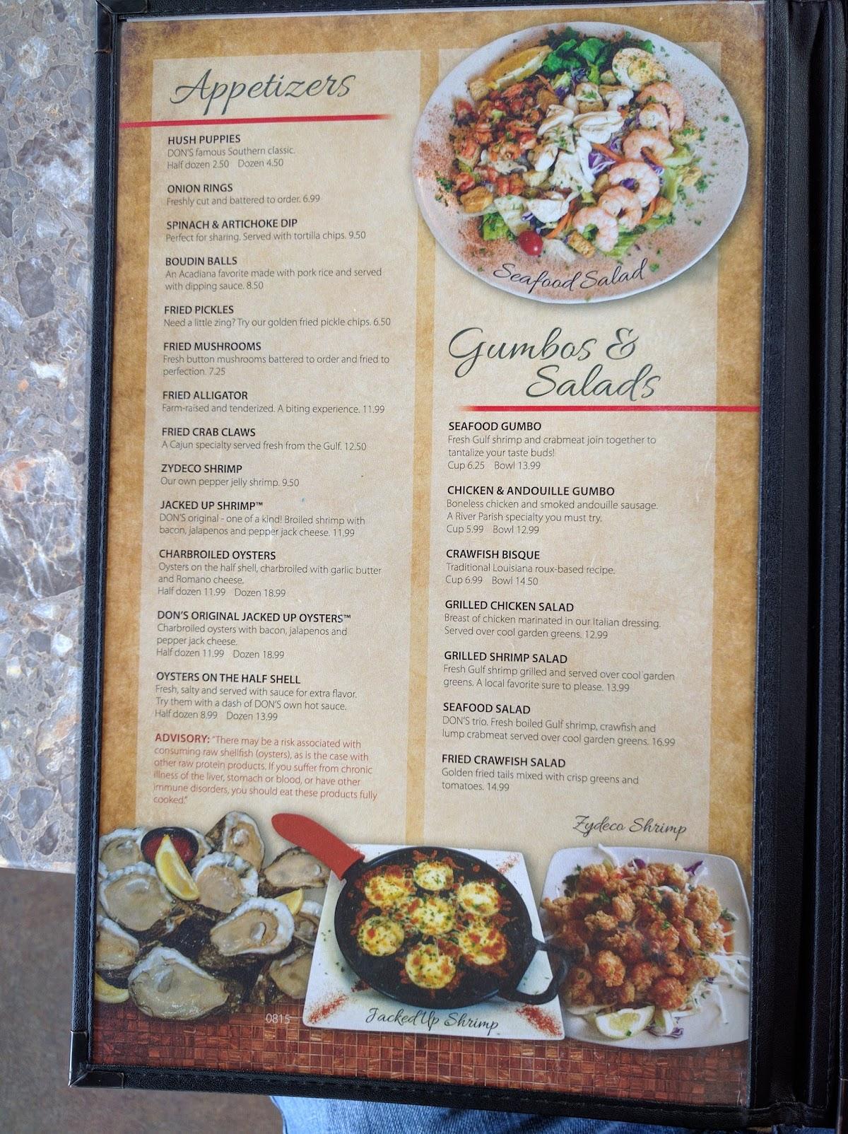 Menu at Don’s Seafood Metairie restaurant, Metairie