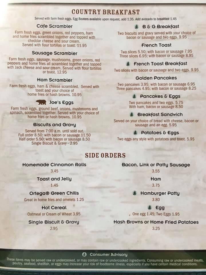 Menu at Minnie's Montana Cafe, Thompson Falls