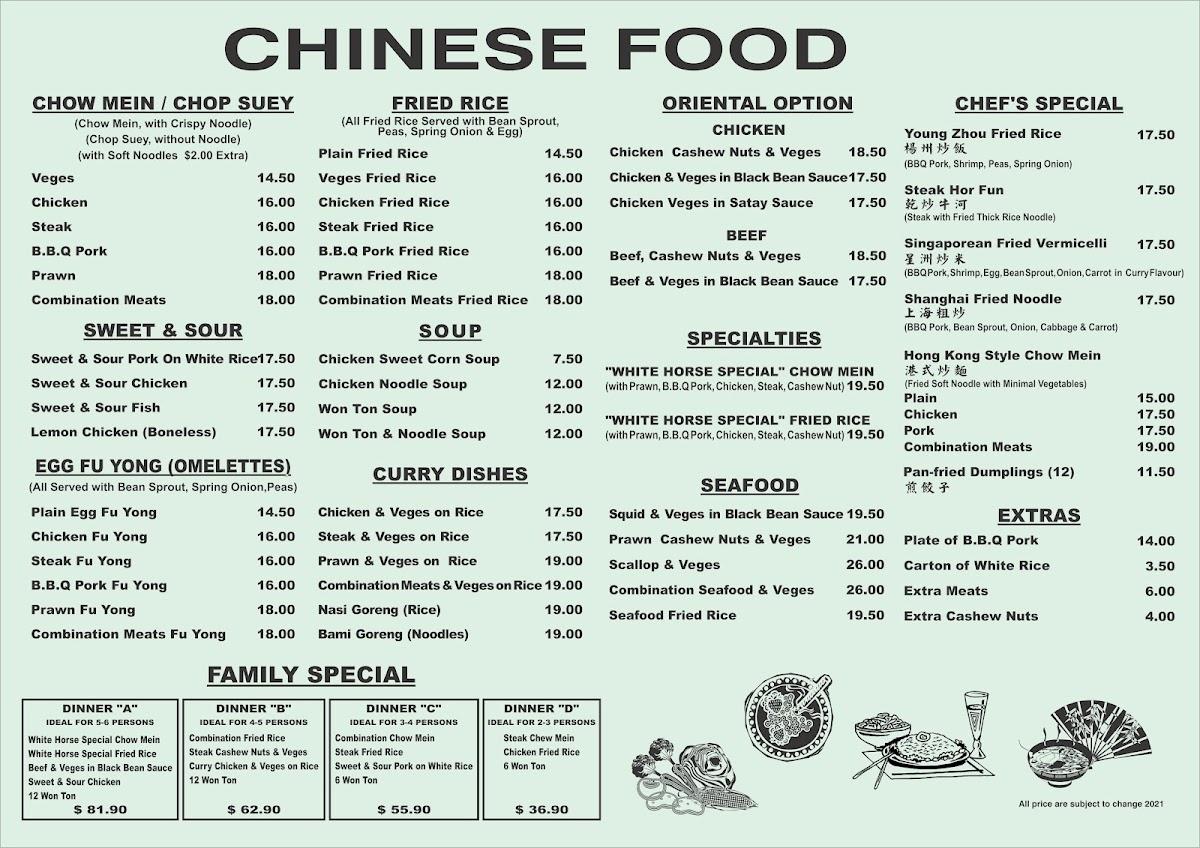 Menu at White Horse Chinese Foods Takeaways fast food, Auckland