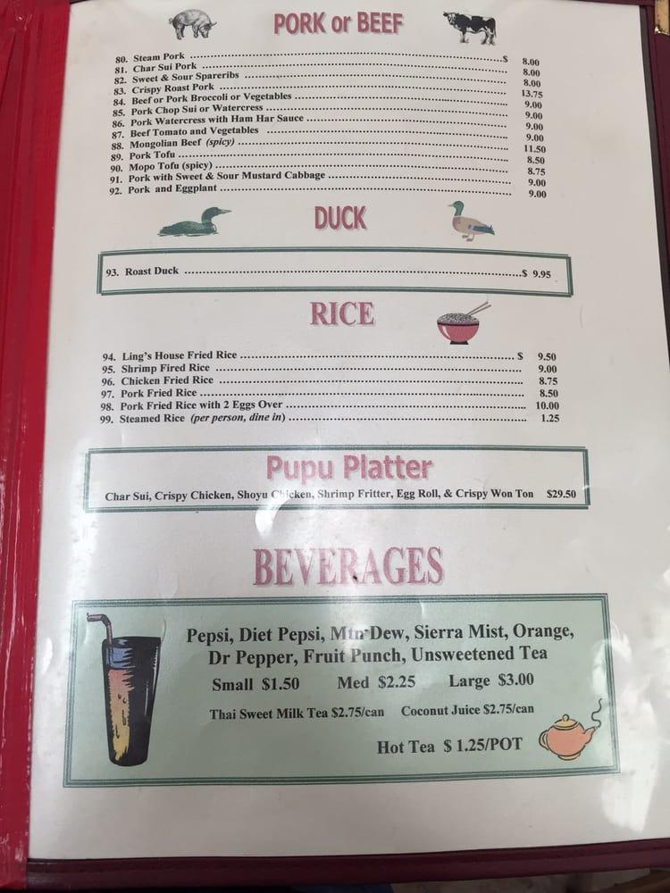 Menu at Ling's Chop Suey House restaurant, Hilo, Kanoelehua Ave