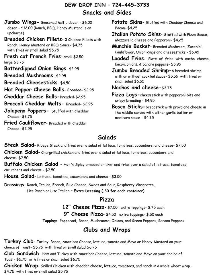 Menu At Dew Drop Inn Pub & Bar, Usa, 435 Chicora Fenelton Rd