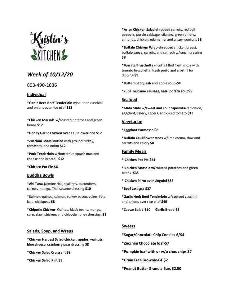 Menu at Kristin's Kitchen restaurant, Lexington