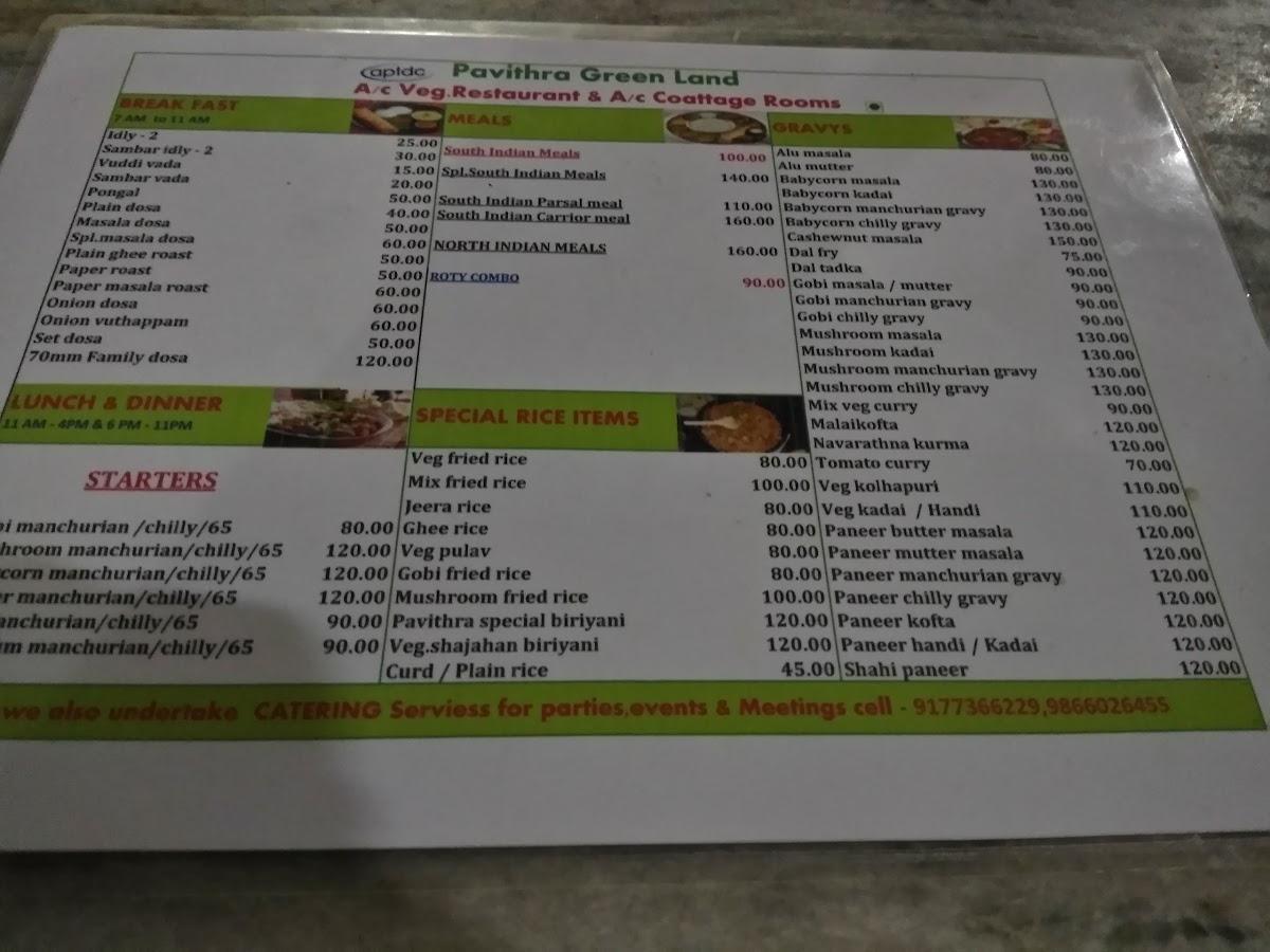 Menu at Pavithra Greenland Restaurant, Palamaner
