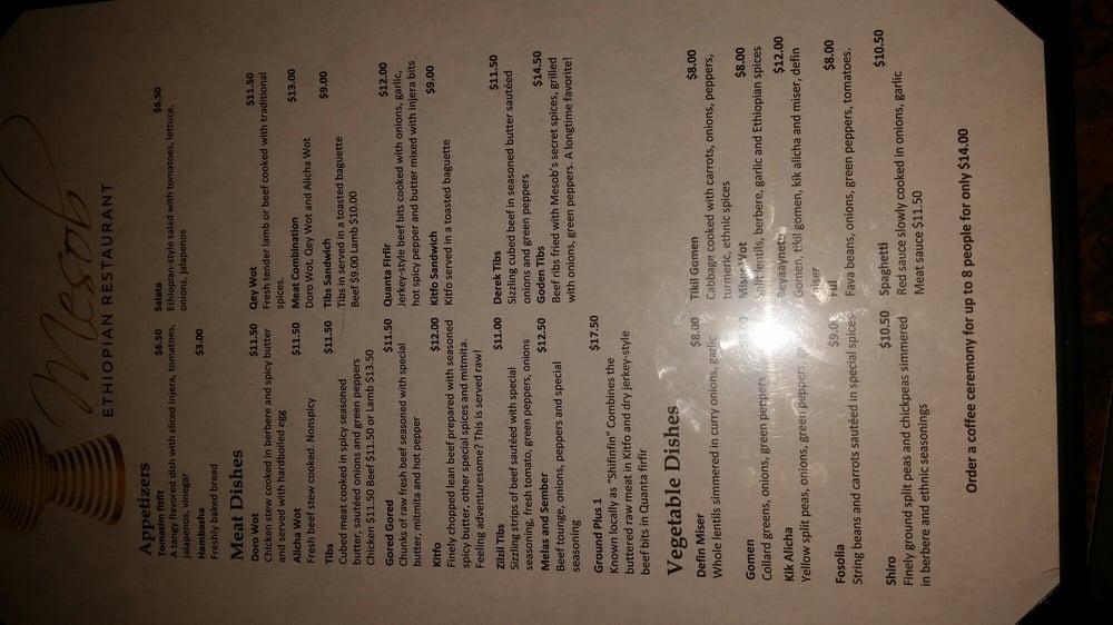 Carta de Mesob Ethiopian Restaurant, Denver