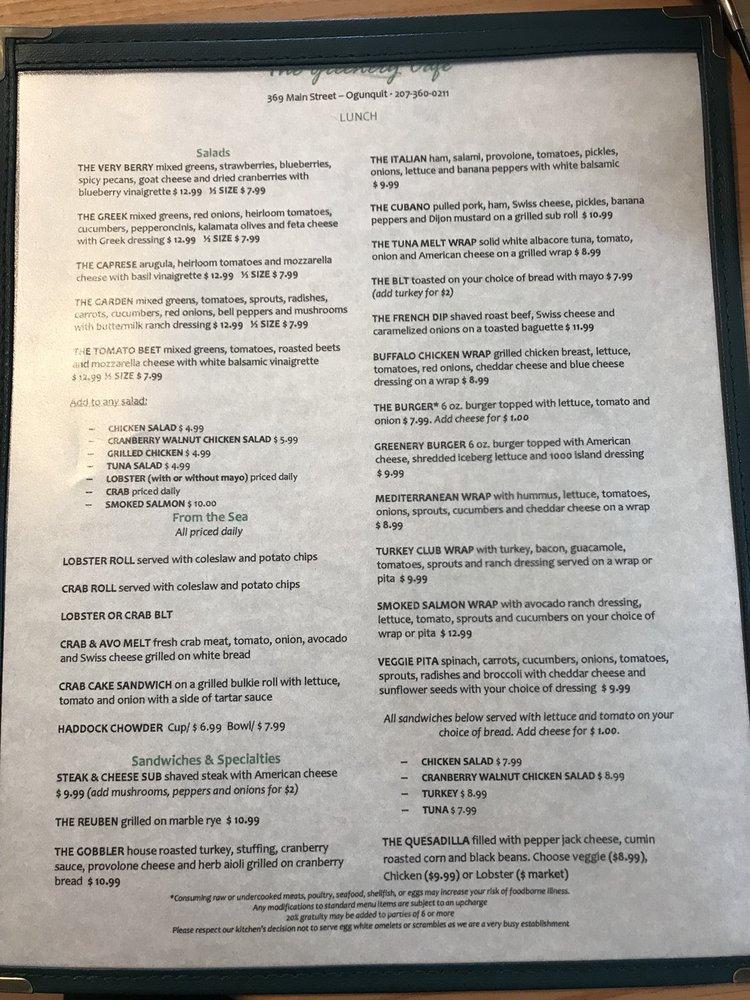 Menu at The Greenery Cafe, Ogunquit