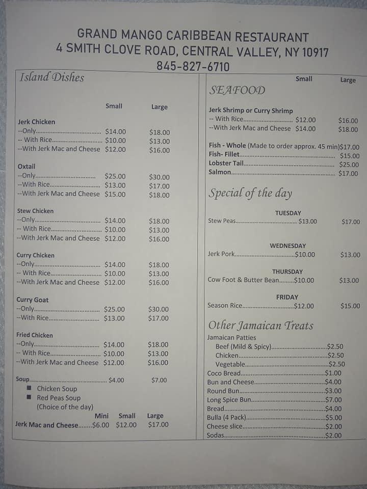 Menu at Grand Mango Caribbean Restaurant, Woodbury, 4 Smith Clove Rd
