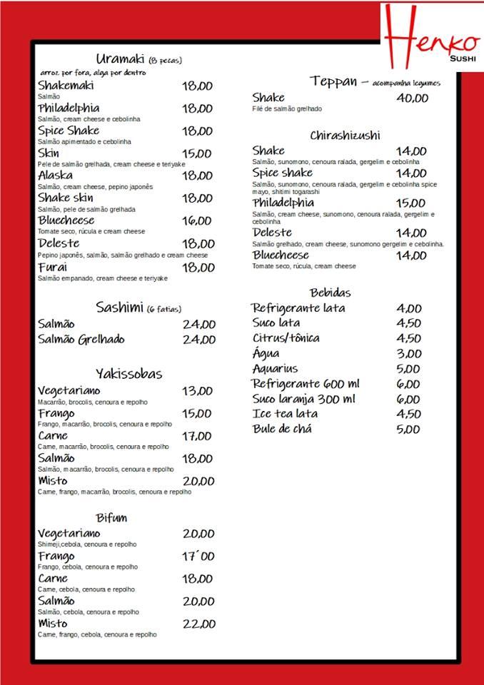 Henko Sushi Canoas cardápio