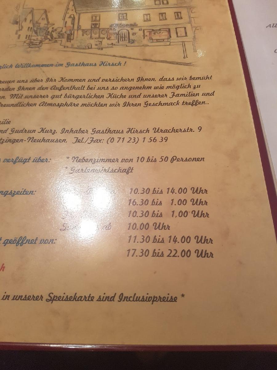 Speisekarte von Gaststätte Hirsch restaurant Metzingen Uracher Str 9