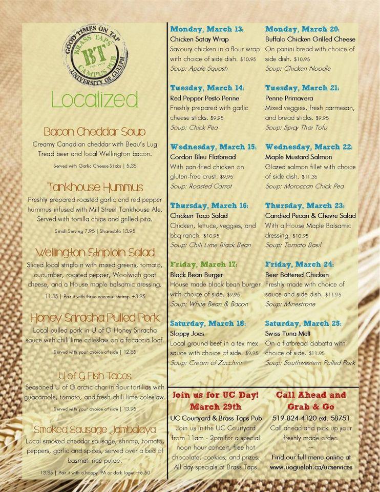 Menu at The Brass Taps Campus Pub, Guelph