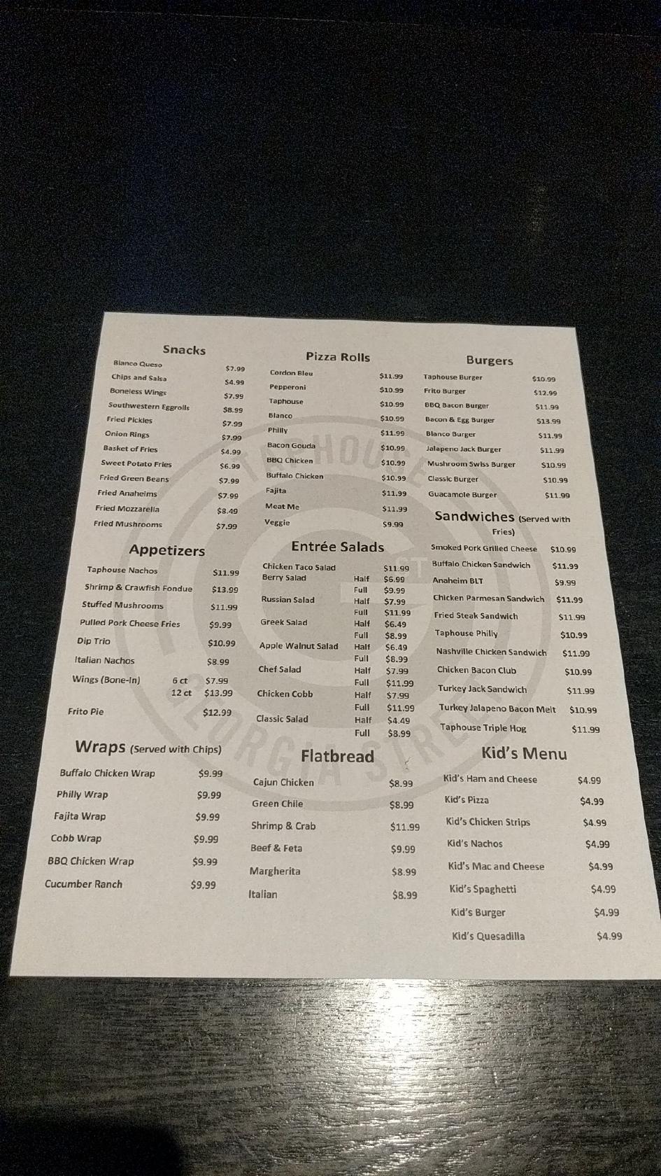 Menu at Street Taphouse pub & bar, Amarillo