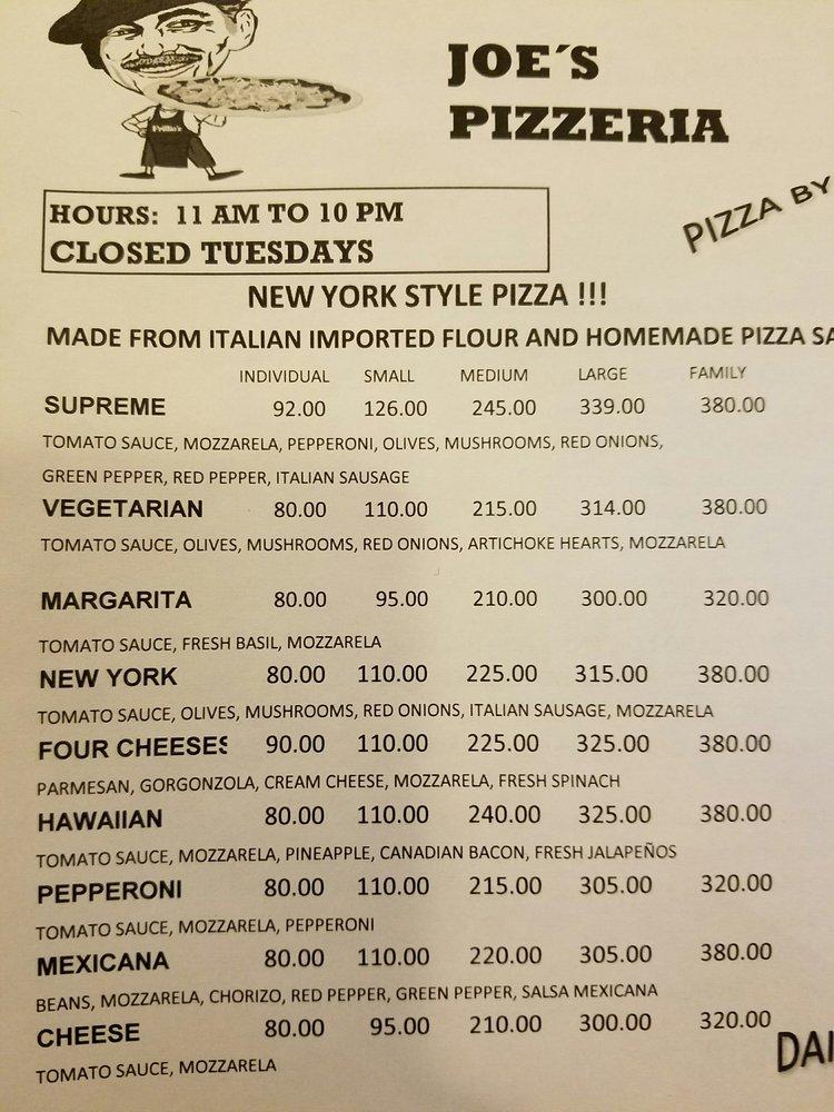 Menu at Joe's Pizza pizzeria, Los Barriles, C. 20 Noviembre