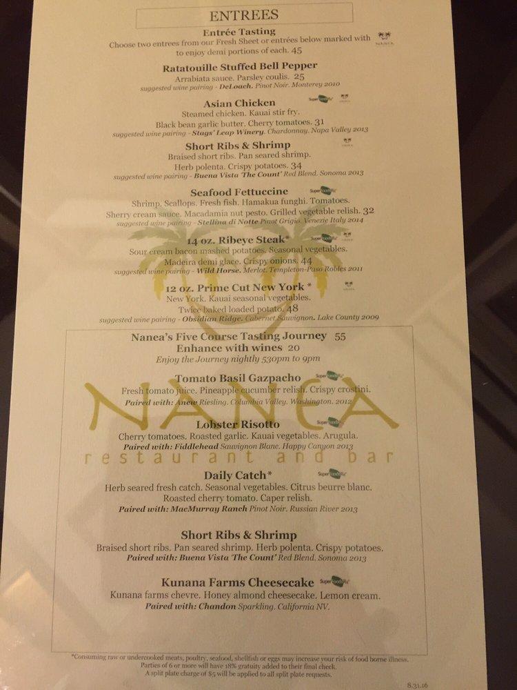 Menu at Nanea Restaurant and Bar, Princeville