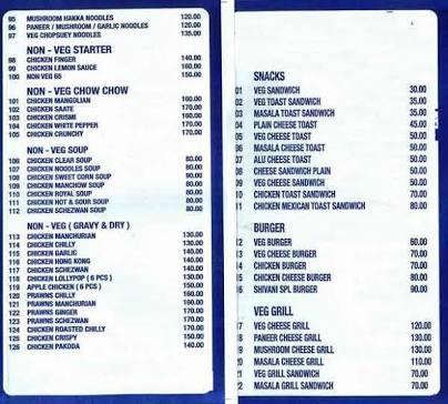 Shivani Chinese & Pizza Corner menu