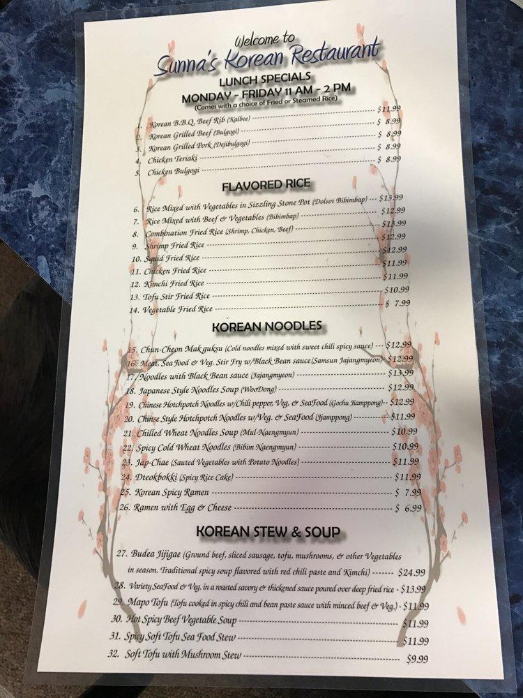 Menu at Sunna's Korean Restaurant, Sierra Vista
