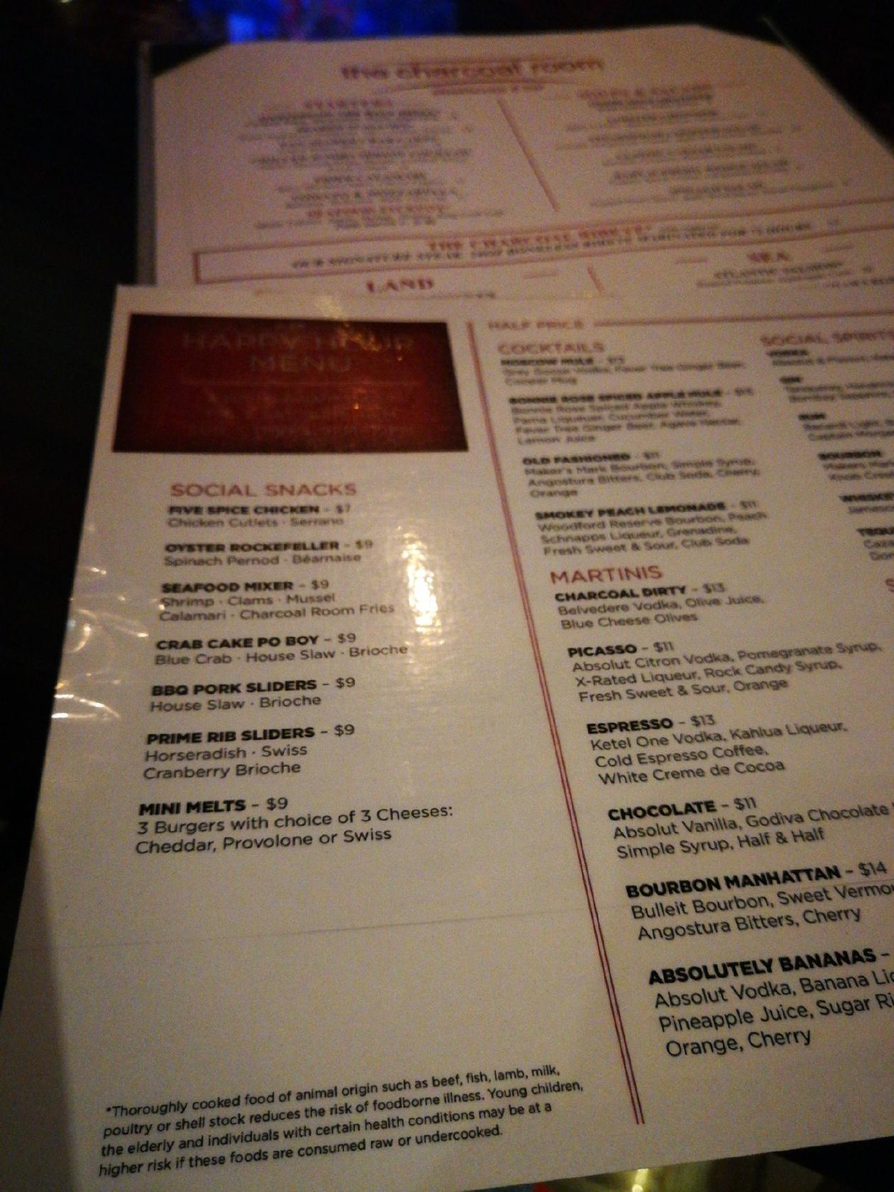 Menu at The Charcoal Room steakhouse, Las Vegas, W Sahara Ave