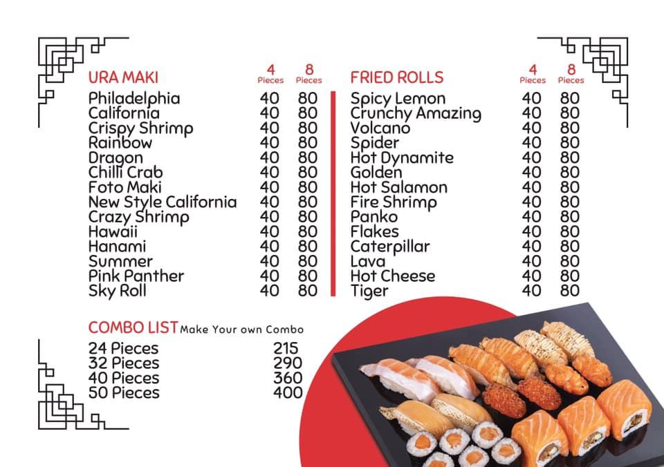 Menu au Sushi Boat restaurant, Nouveau Caire