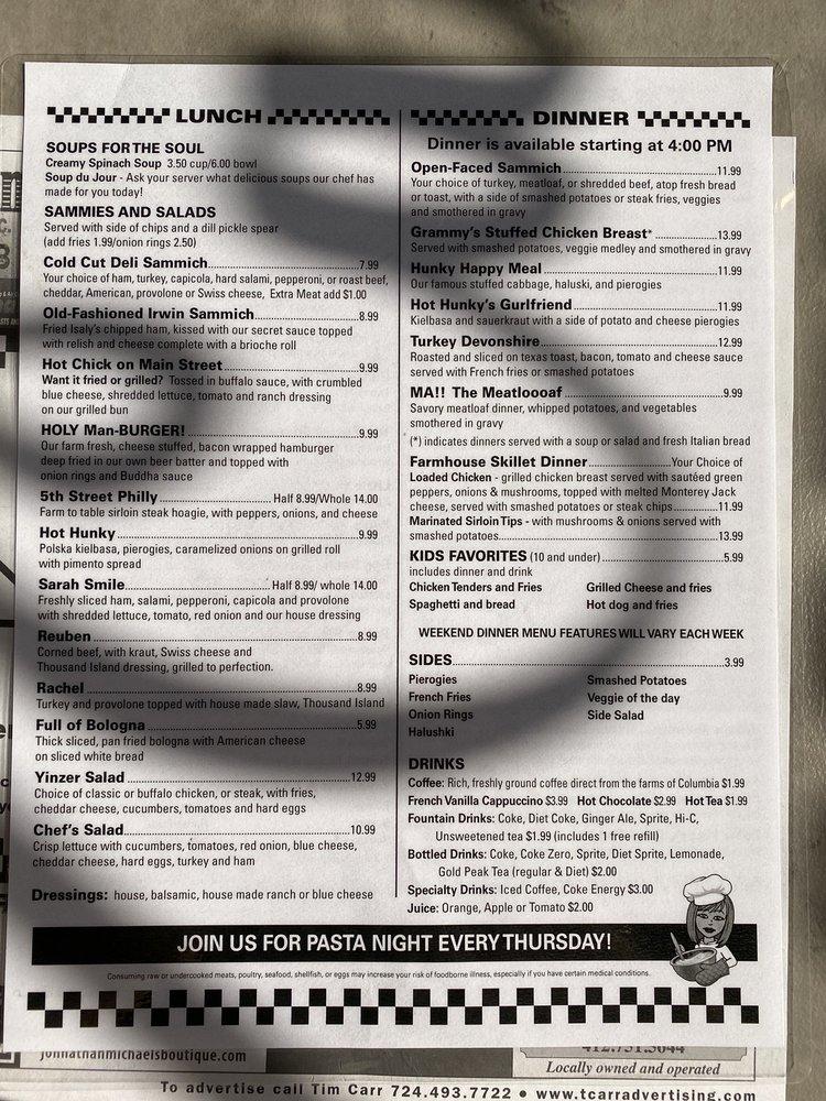 Menu at Candy's Corner Cafe, Irwin