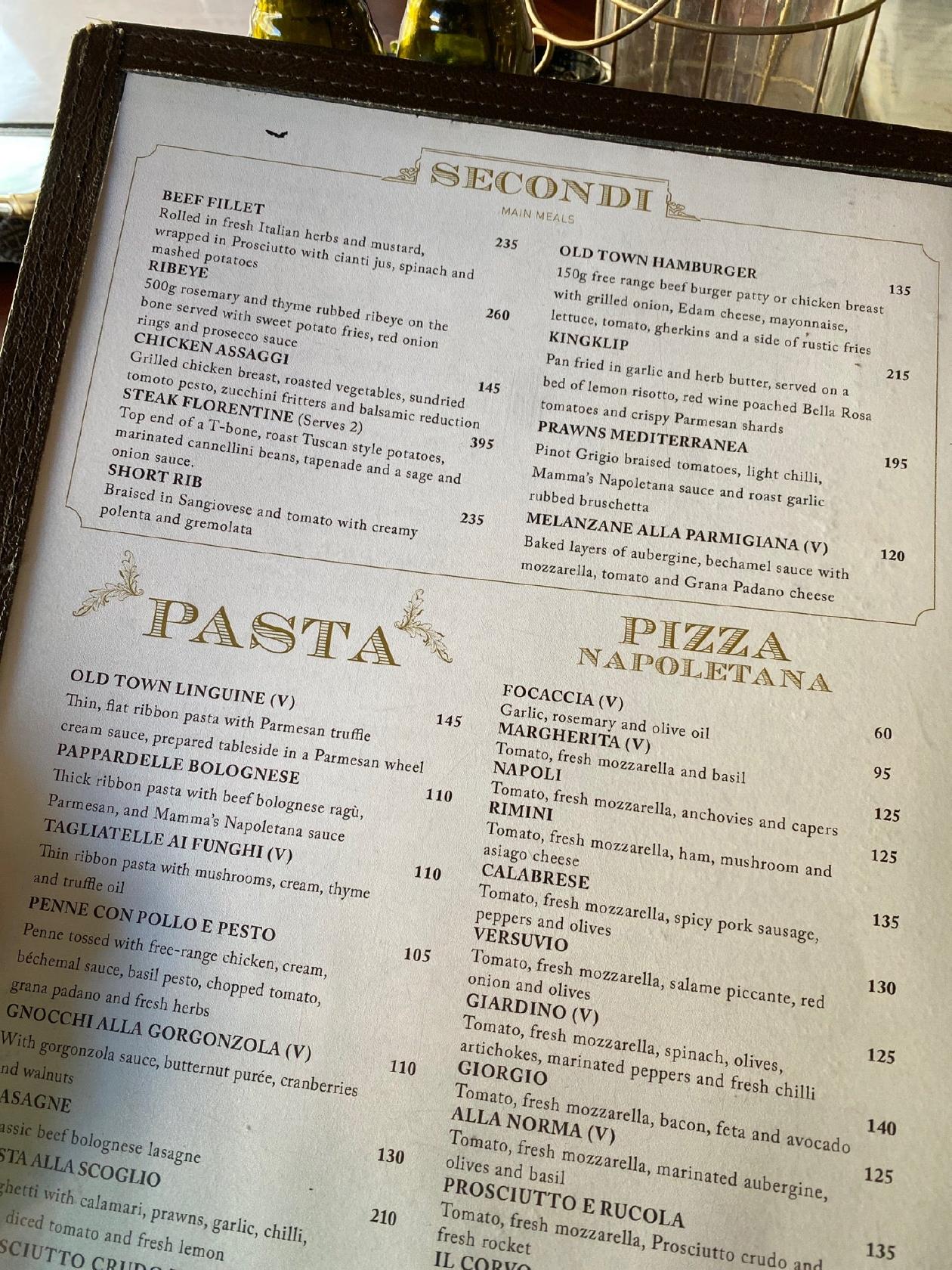Carta del restaurante Old Town Italy, Umhlanga