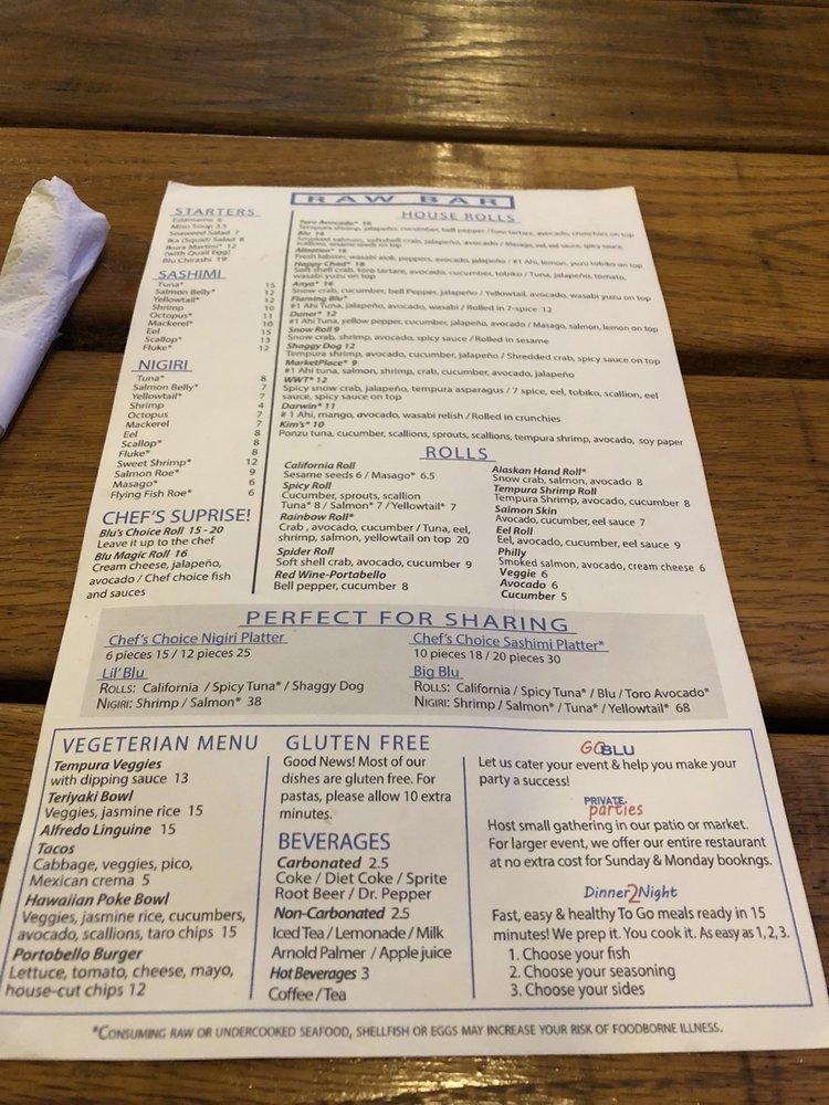 Menu at Blu Fish House restaurant, Bentonville
