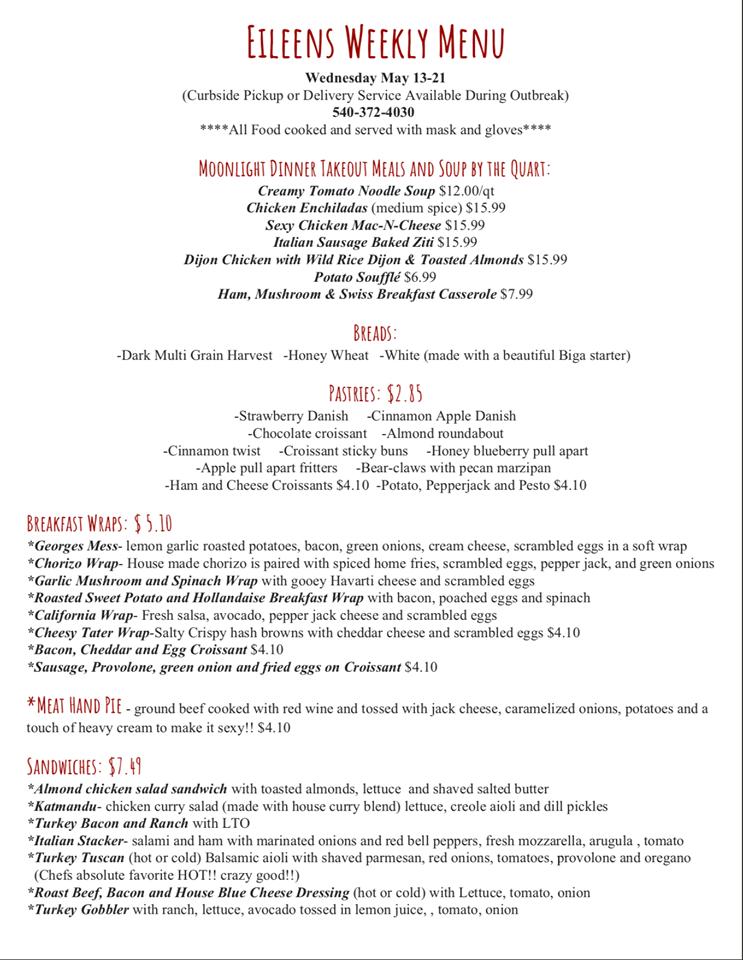 Menu at Eileen's Bakery & Cafe, Fredericksburg