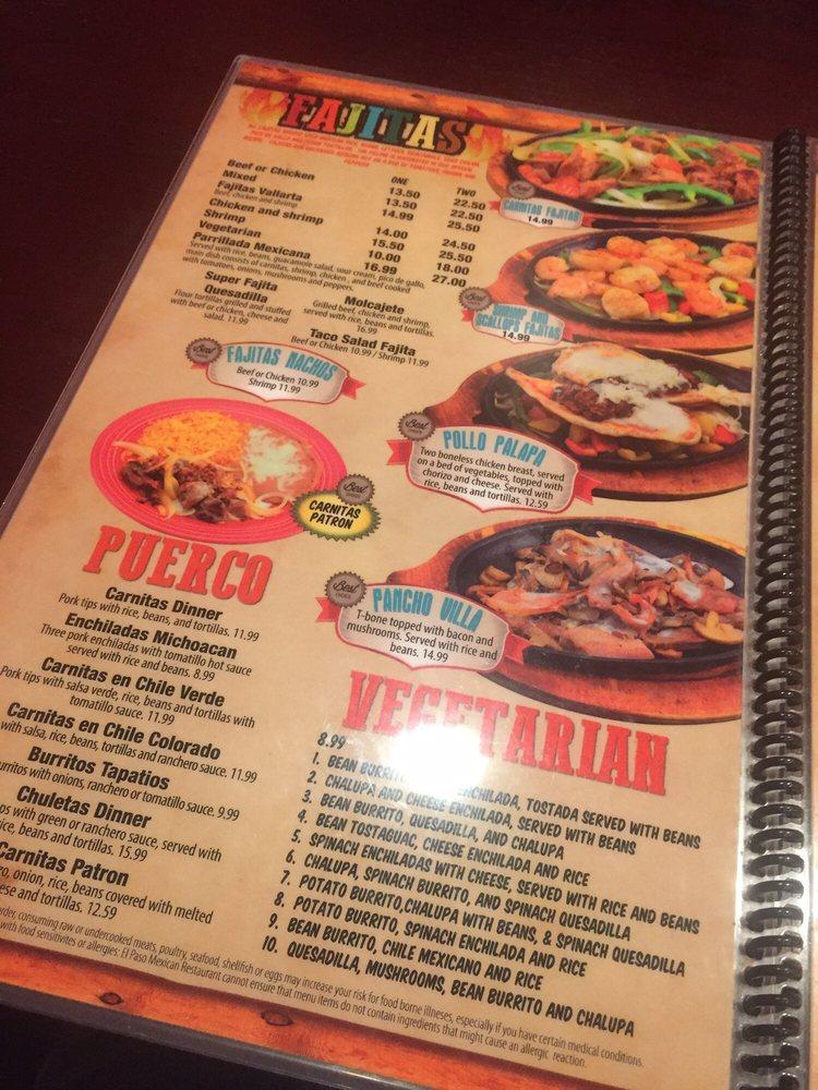 Menu at El Paso restaurant, Pittsburgh