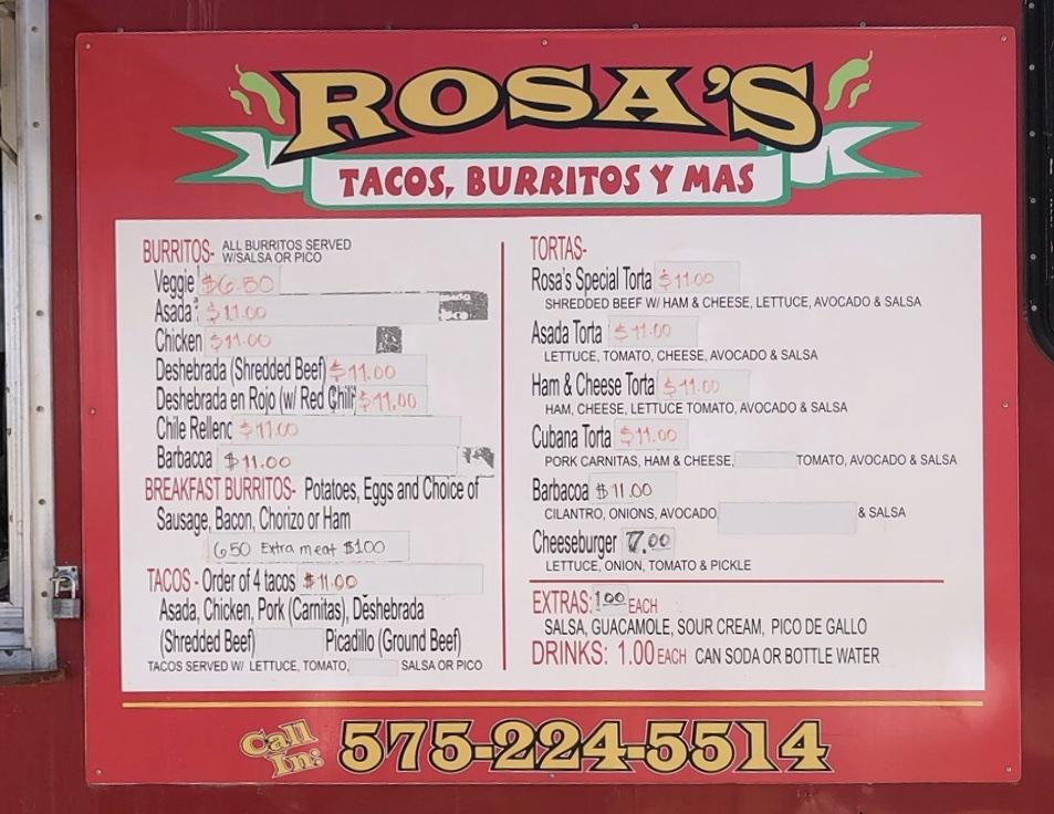 Menu at Rosas Tacos restaurant, Ranchos de Taos