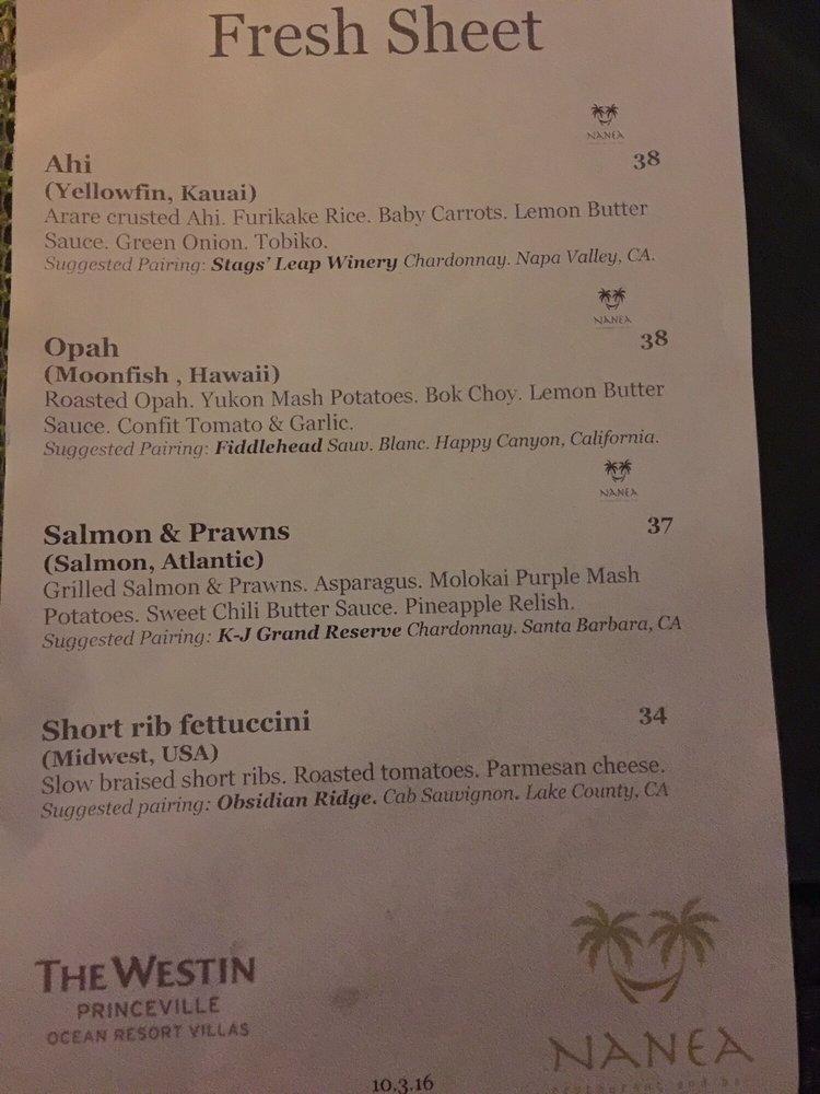 Menu at Nanea Restaurant and Bar, Princeville