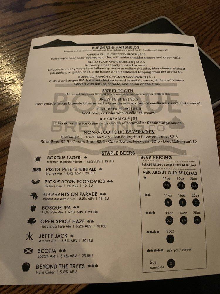 Menu at Bosque Brewing pub & bar, Las Cruces, Telshor Ct