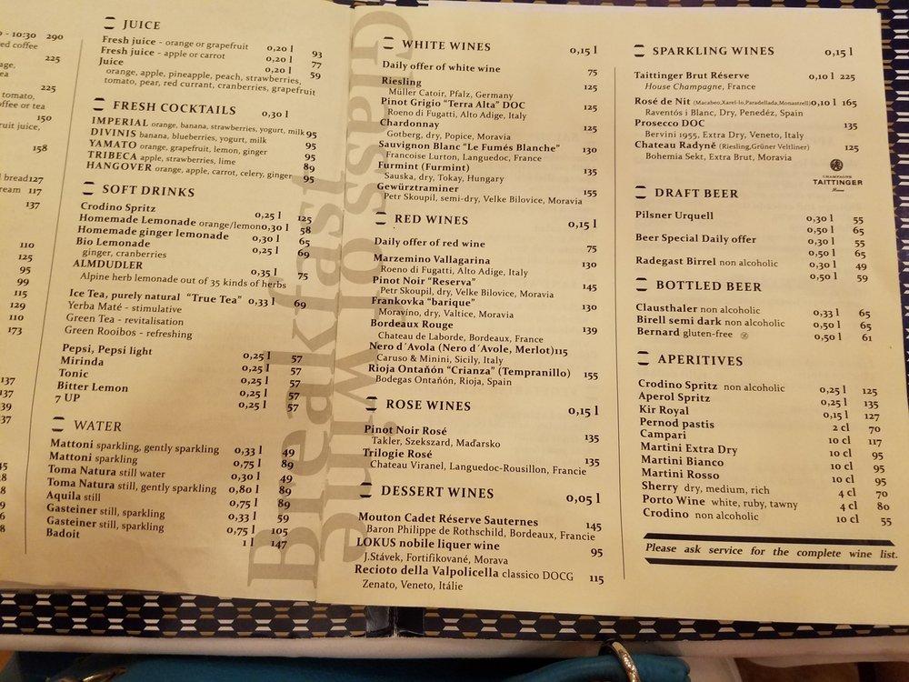 Menu at Café Imperial cafe, Prague