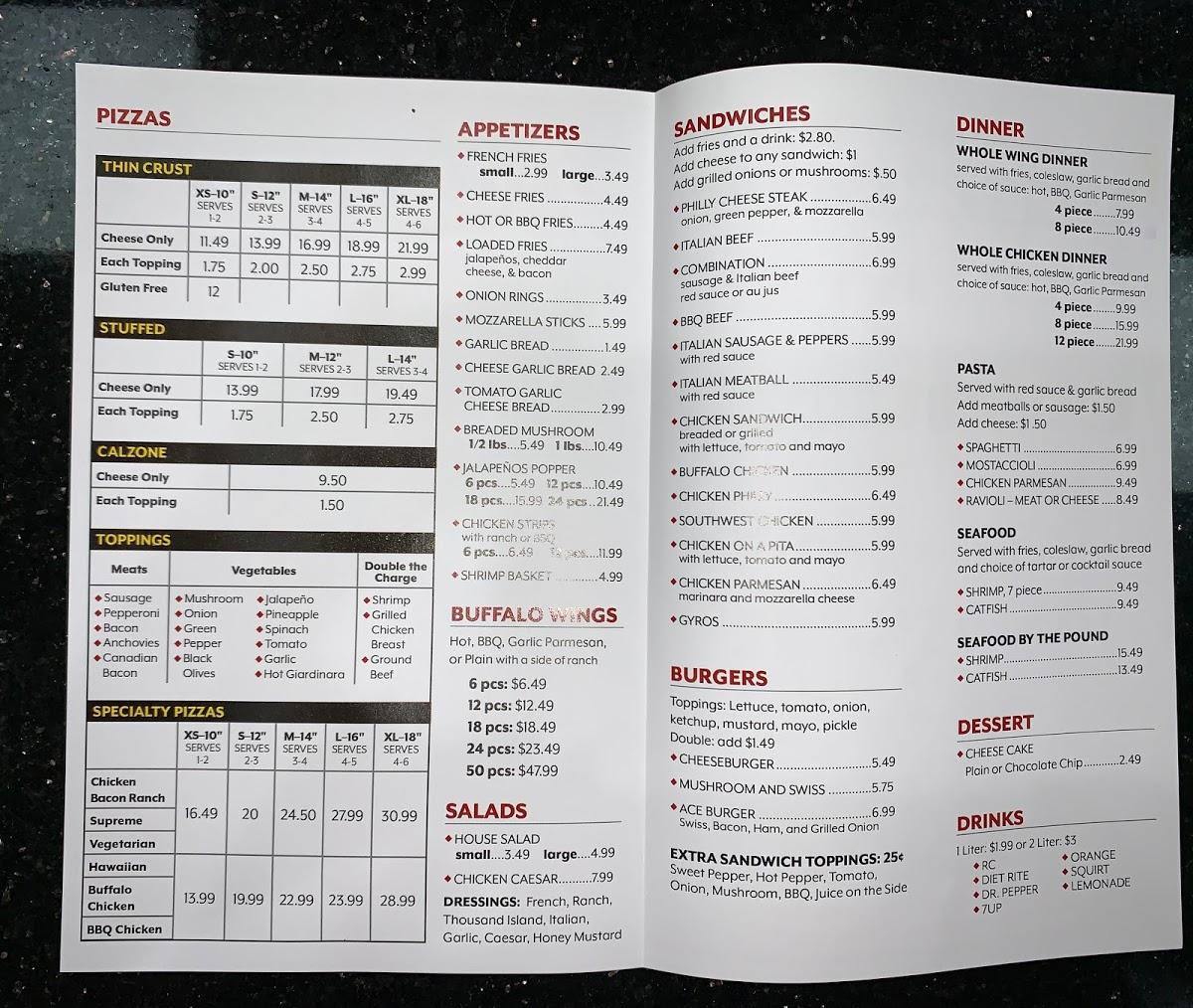 Menu at Ace Pizza pizzeria, Chicago