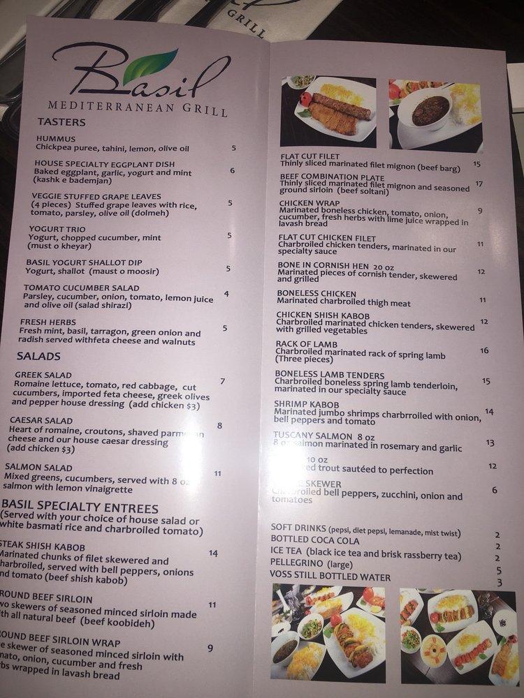 Menu at Basil Mediterranean Grill restaurant, Costa Mesa