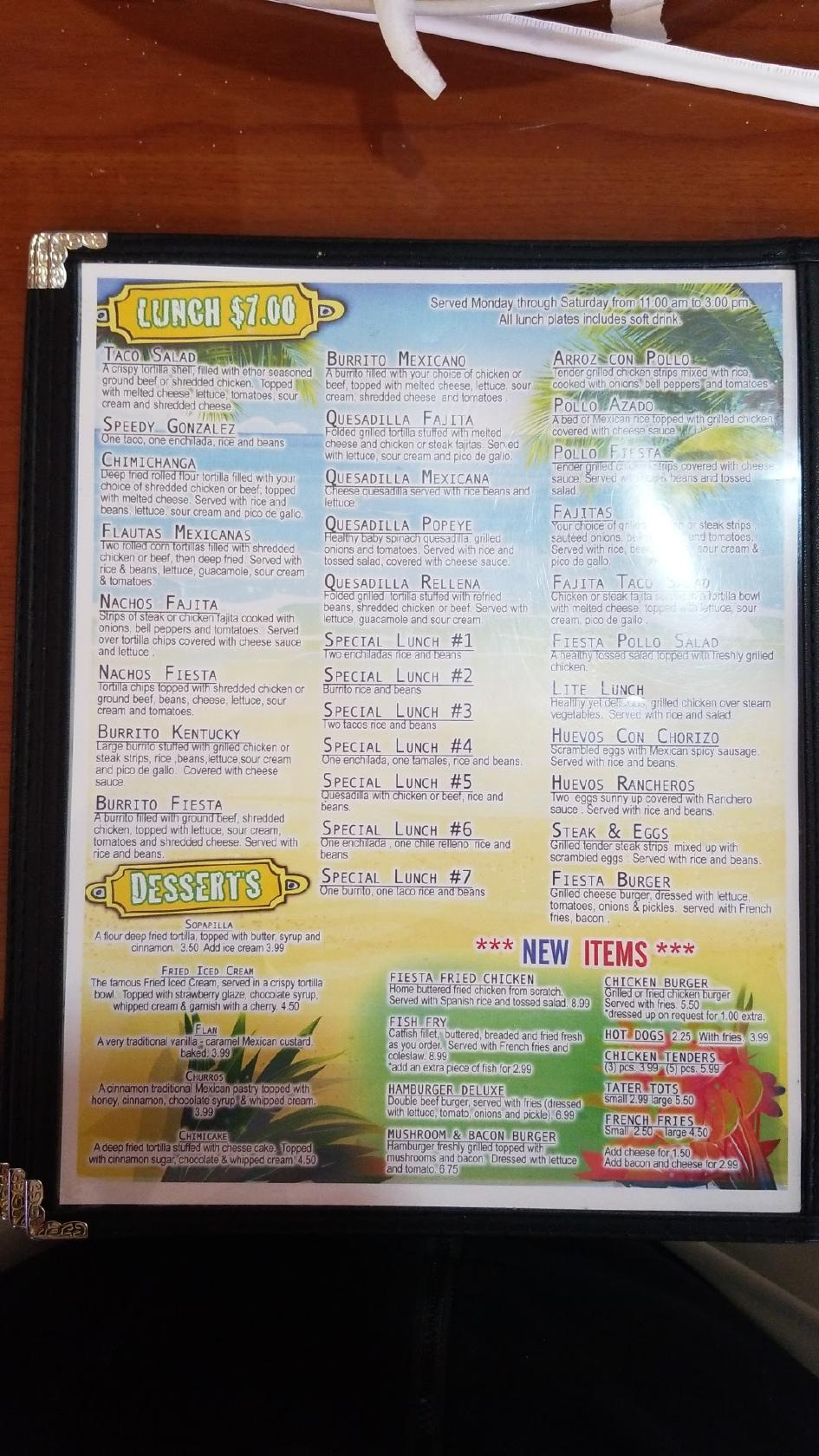Menu at Fiesta Acapulco restaurant, Sturgis