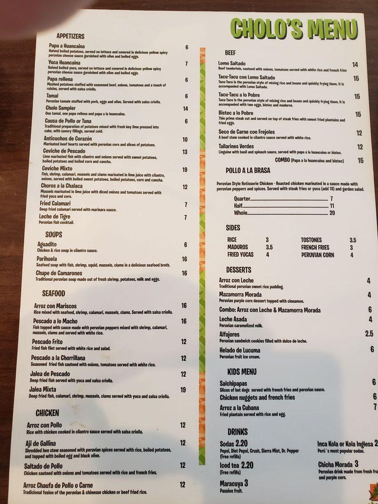 Menu at Cholo's Peruvian Restaurant, Virginia Beach