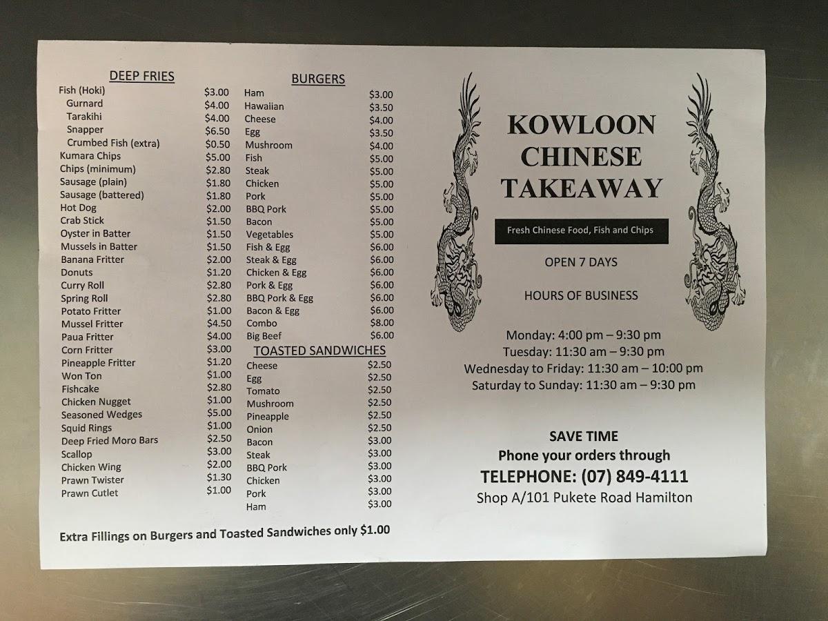 Menu at Kowloon Takeaways restaurant, Hamilton