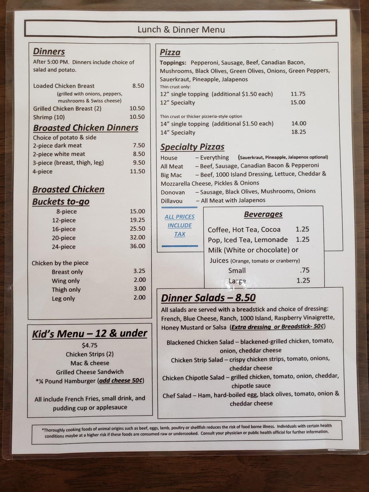 Menu at Riverview Cafe, Shell Rock