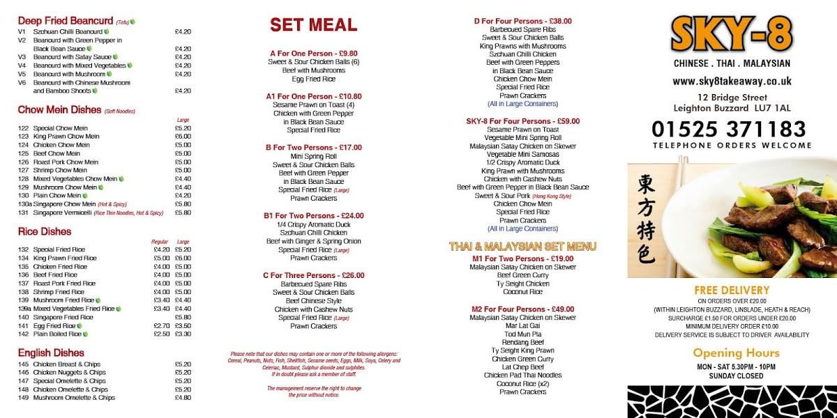 Menu at Sky8 fast food, Leighton Buzzard