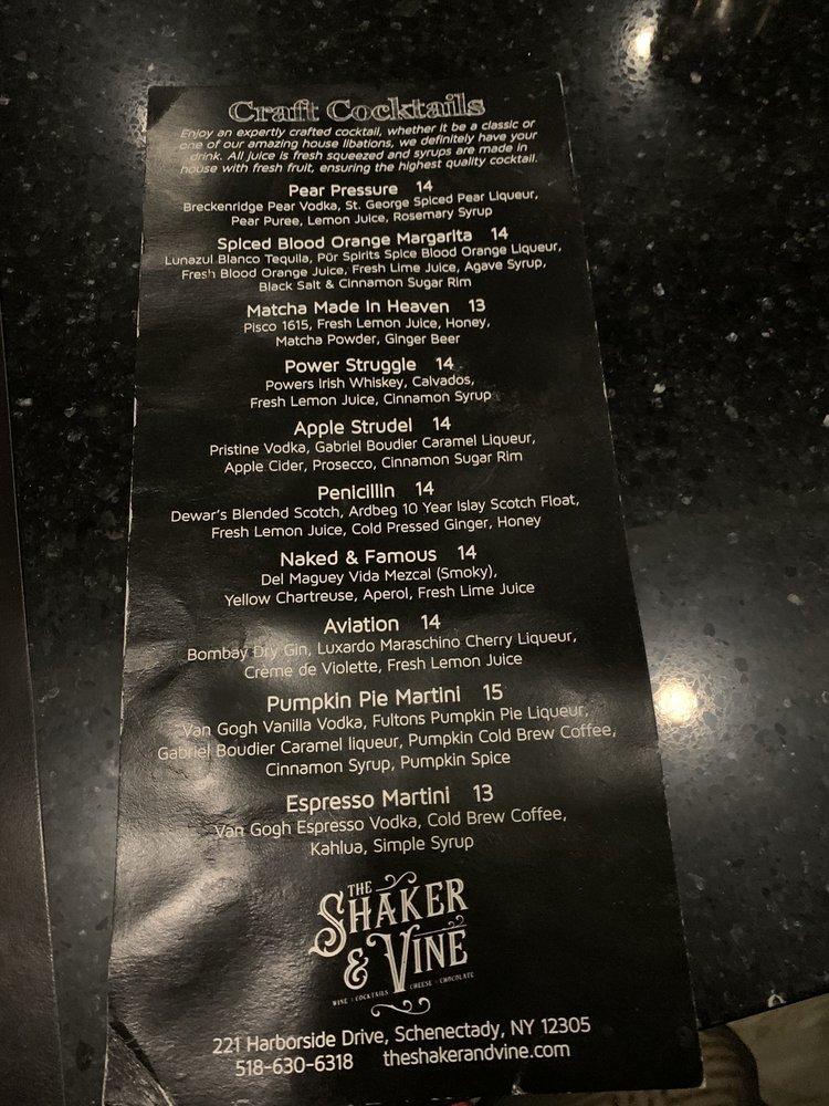 Menu at The Shaker & Vine pub & bar, Schenectady
