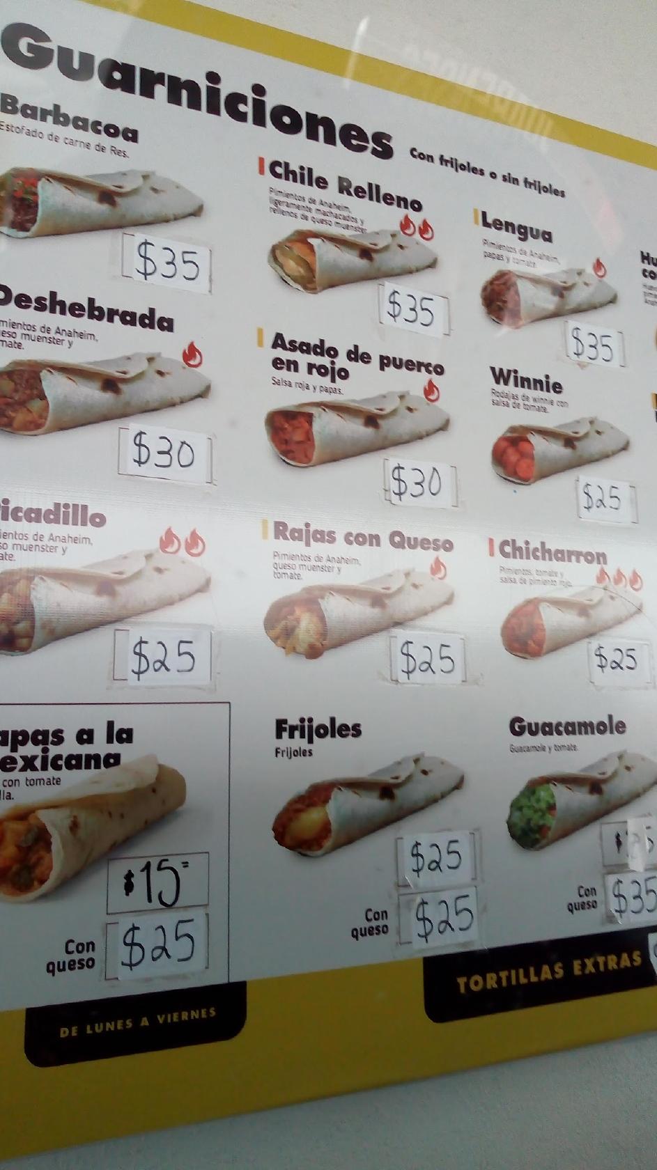 Carta del restaurante Crisóstomo Burritos y Quesadillas, Ciudad Juarez