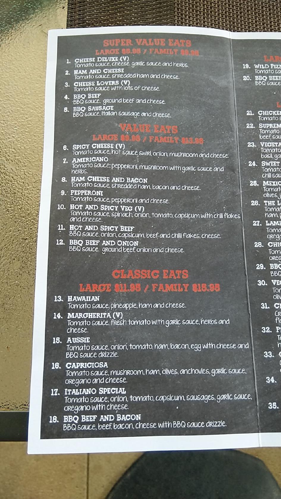 Menu at Pizzahood restaurant, Echuca