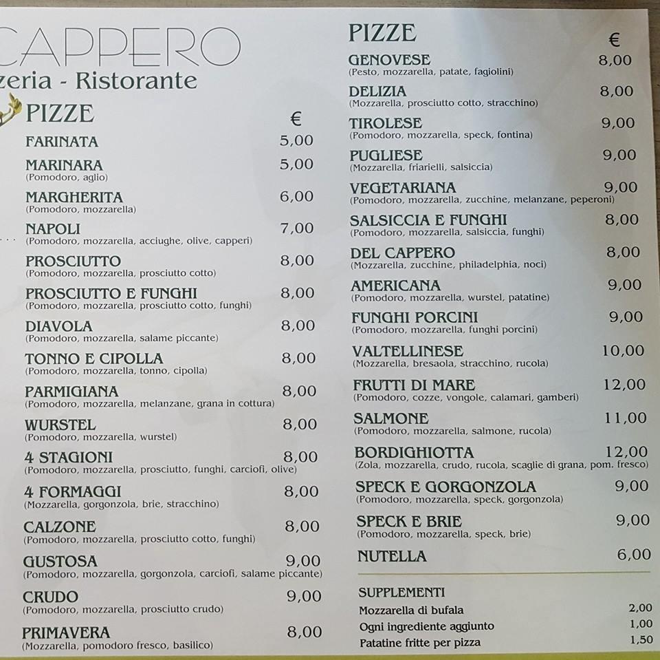 Menu Da Pizzeria Il Cappero Bordighera