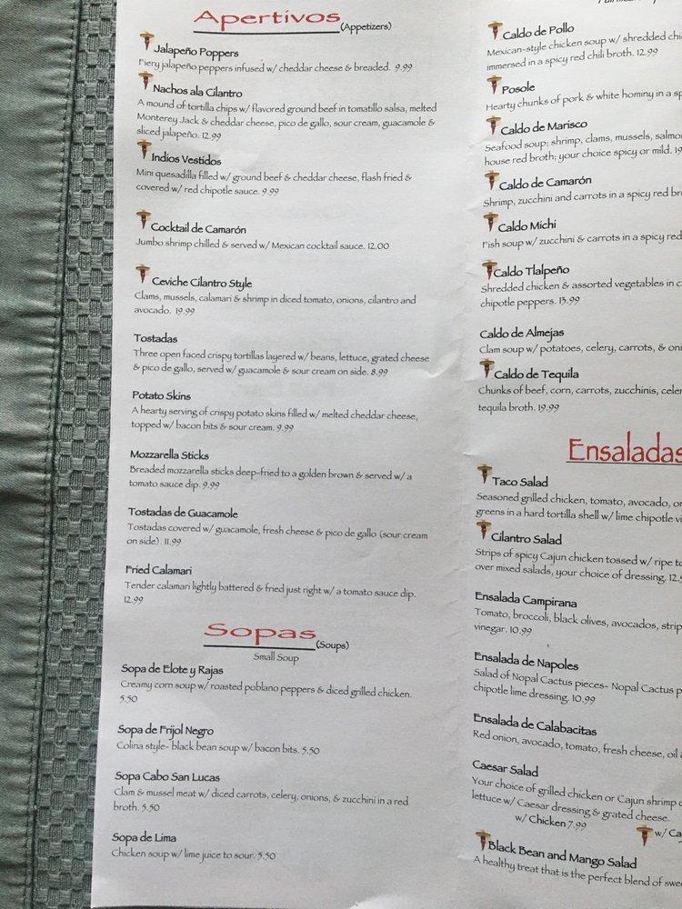 Menu at Cilantro restaurant, Fishkill