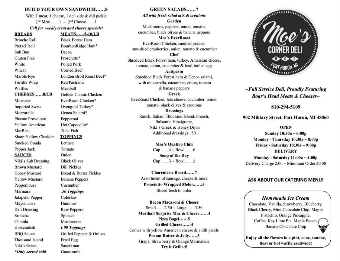 Menu at Moe's Corner Deli restaurant, Port Huron