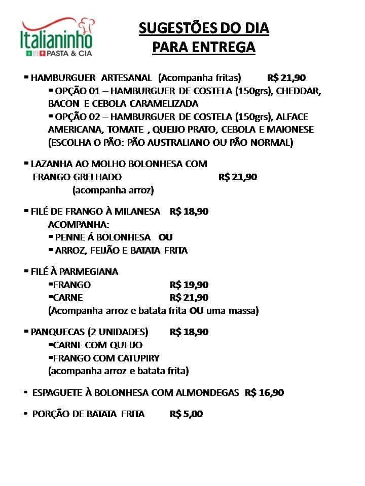 Italianinho Pasta & Cia cardápio