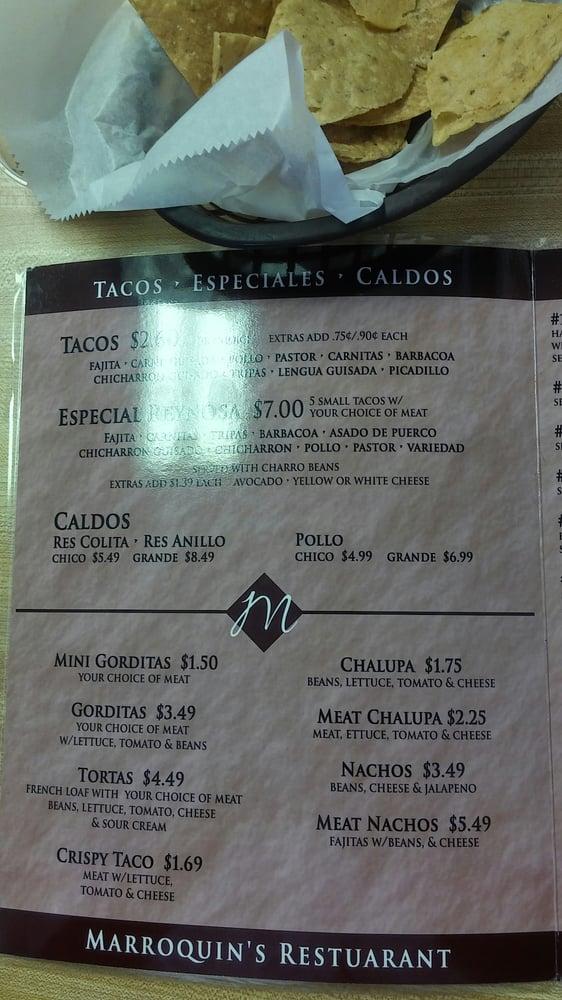 Menu at Marroquin Restaurant and Tortilla Factory, Corpus Christi