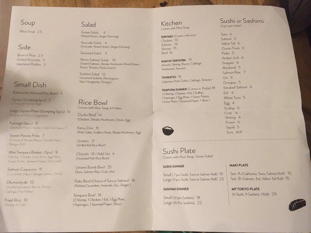 Menu at My Tokyo restaurant, Tarrytown