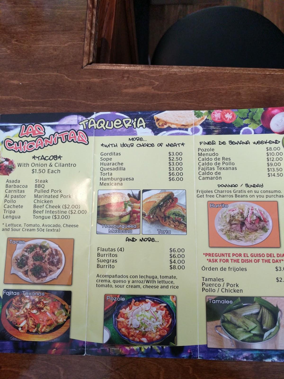 Menu at Taqueria Las Chicanitas restaurant, Beulaville